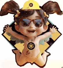 a little girl wearing sunglasses and a yellow hard hat with the word dantelav on it