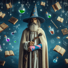 a wizard with a cane is surrounded by books and bottles