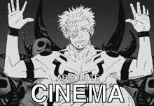 a black and white drawing of a man with horns and the words absolute cinema above him