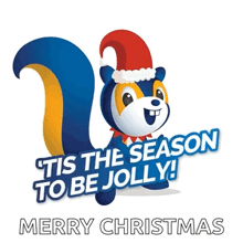 a squirrel is wearing a santa hat and says tis the season to be jolly !