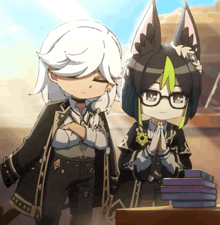 a couple of anime characters standing next to each other with one wearing glasses