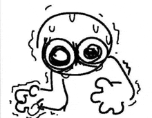 a black and white drawing of a cartoon character with big eyes and sweat coming out of his mouth .