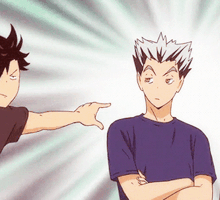 a cartoon of a man pointing at another man 's face