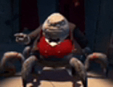 a cartoon character is sitting in a chair with his legs crossed and looking at the camera .