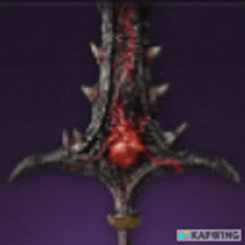 a close up of a sword with spikes and blood on it on a purple background