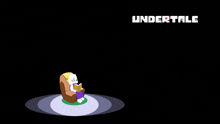 a cartoon character sitting in a chair reading a book with the undertale logo in the corner