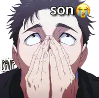 a cartoon of a man covering his face with his hands with son written above him