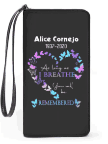 a black wallet with the name alice cornejo 1937-2020 on it