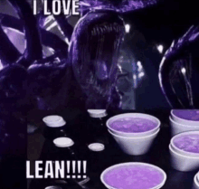 a purple alien is surrounded by purple cups that say i love lean !!!