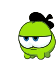 a green cartoon character with blue eyes has a black hat on his head