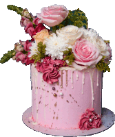 a cake with pink frosting and flowers on it