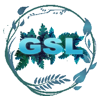 the word gsl is surrounded by blue leaves and branches