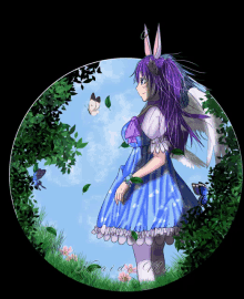 a drawing of a girl with purple hair and bunny ears is surrounded by butterflies and flowers