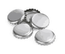 a group of silver bottle caps on a white background .