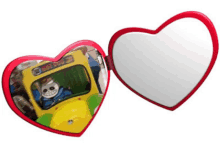 a heart shaped mirror with a picture of sans in a school bus on it