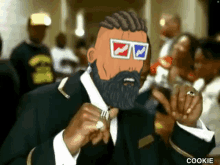 a man with a beard and 3d glasses is wearing a suit .