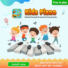 an advertisement for kids piano shows children jumping on a piano