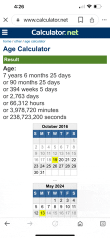 a screenshot of the age calculator website on a cell phone