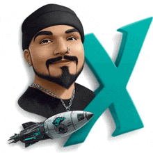 a drawing of a man with a beard and a rocket next to a letter x