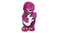 a purple stuffed dinosaur is playing a guitar .