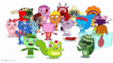 a group of happy tree friends characters standing next to each other on a white background .