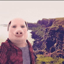 a man wearing a pig mask is taking a selfie in front of a cliff overlooking the ocean .