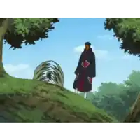 a man in a black coat with red hearts on it is standing on a grassy hill .