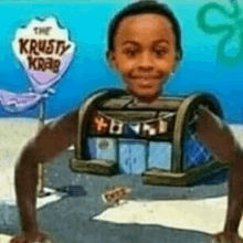 a black boy is standing in front of a spongebob squarepants krusty krab .