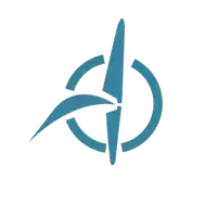 a blue logo with a circle and a arrow in it