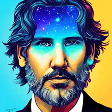 a colorful painting of a man with a beard and a starry sky in his head