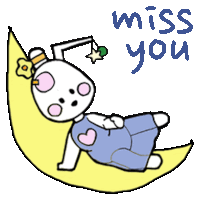 a drawing of a rabbit laying on a crescent moon with the words " miss you " written below it