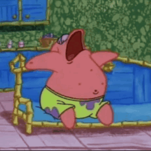 a cartoon character is sitting on a couch with his mouth open