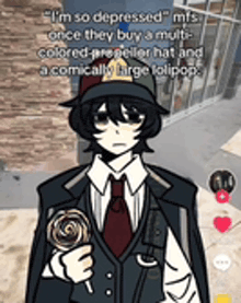 a man in a suit and tie is holding a lollipop and wearing a hat .