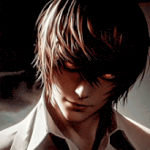 a man with red eyes and a white shirt and tie
