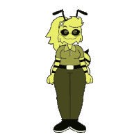 a cartoon drawing of a woman dressed as a bee wearing a polo shirt and khaki pants .