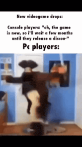 a man in a pirate costume is dancing in a room with a caption that says " new videogame drops "