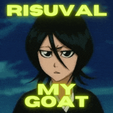 a picture of a girl with the words " risuval my goat " below her