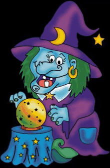 a cartoon witch is holding a crystal ball