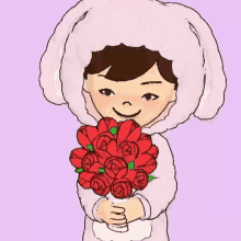 a cartoon girl in a bunny costume is holding a bouquet of red roses .