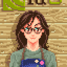 a pixel art drawing of a woman wearing glasses and overalls