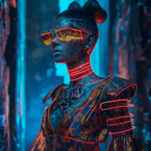 a woman with a tattoo on her face is wearing glowing sunglasses