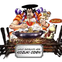 a cartoon of a man cooking with a sign that says wano shogun 's heir kozuki oden on it