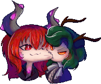 a drawing of a girl with red hair kissing another girl with green hair and horns