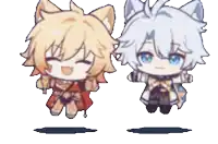 a couple of anime characters are sitting next to each other on a white background