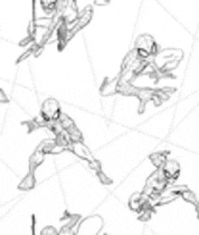 a seamless pattern of black and white drawings of spider-man on a white background .