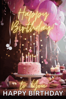 a birthday card with a cake and cupcakes and the words happy birthday to you