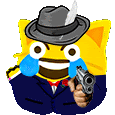 a yellow cat wearing a hat and holding a gun .