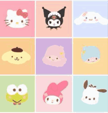 a bunch of hello kitty , kuromi , cinnamon roll , my melody , frog , and other sanrio characters