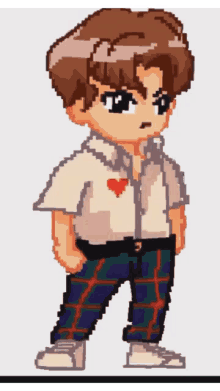 a pixel art drawing of a boy wearing plaid pants