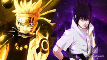 naruto and sasuke are standing next to each other in a purple background .